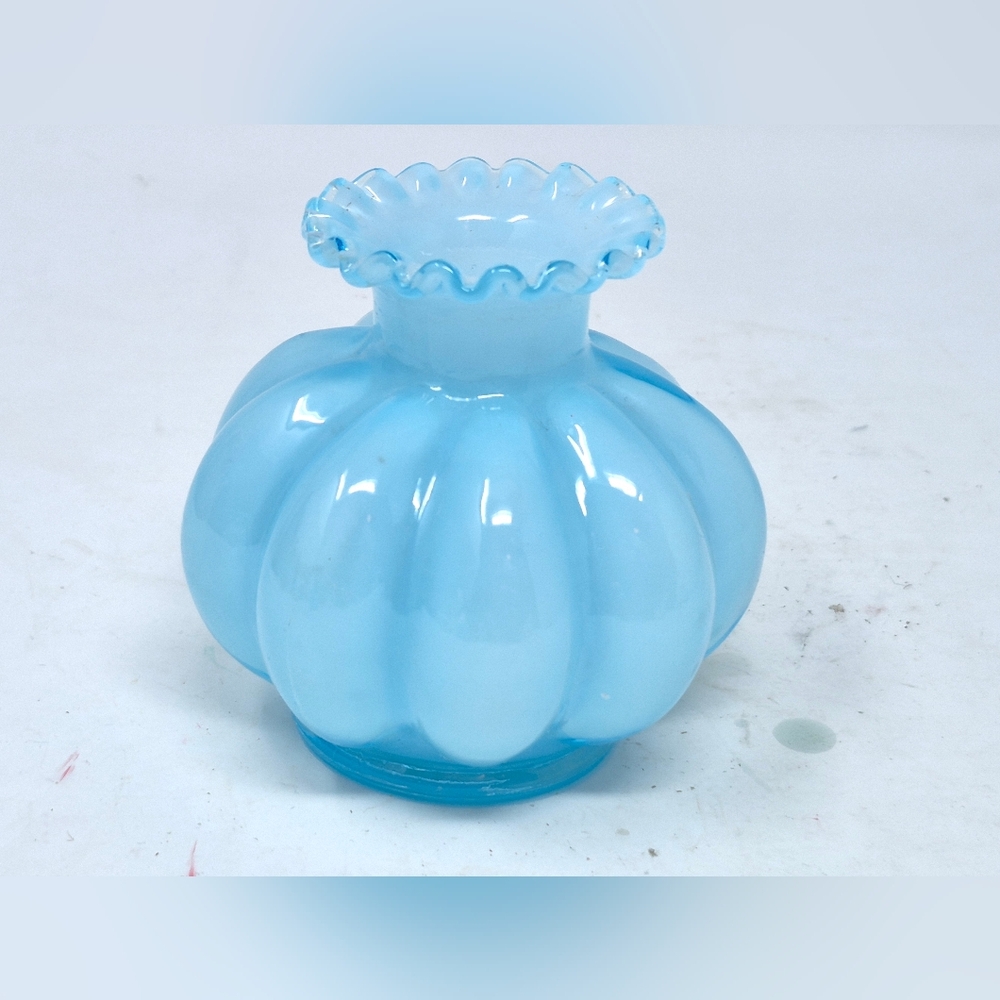 Vintage Fenton Blue Melon Vase With Ruffled Edge